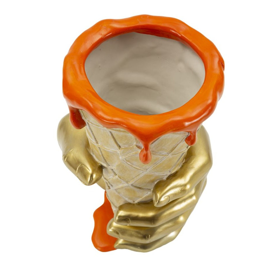 Vaso Cono Portafiori con Mano Dorata e Glassa Arancio 26 cm in Poliresina