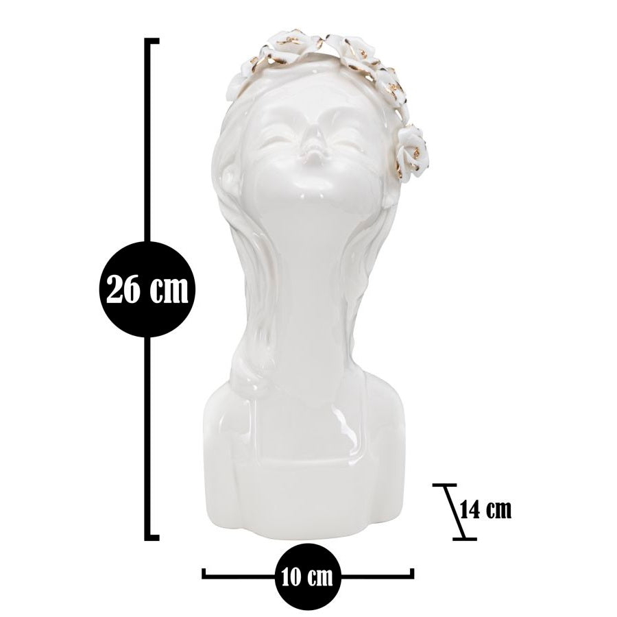 Vaso Decorativo Volto Donna in Porcellana Bianca H26 cm con Fiori e Dettagli Oro