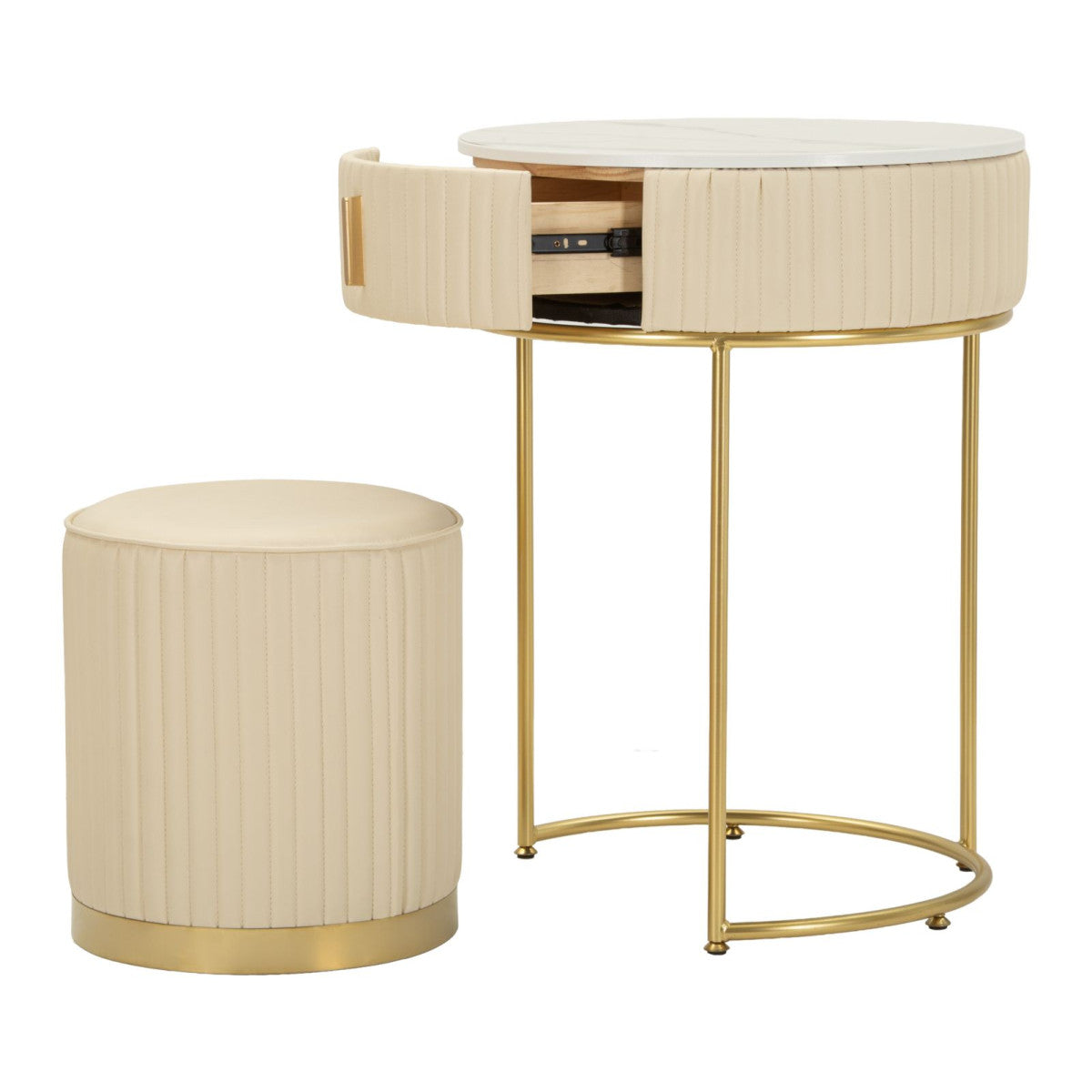 Comodino Toeletta Pok con Pouf Ø52x70 cm Beige e Oro