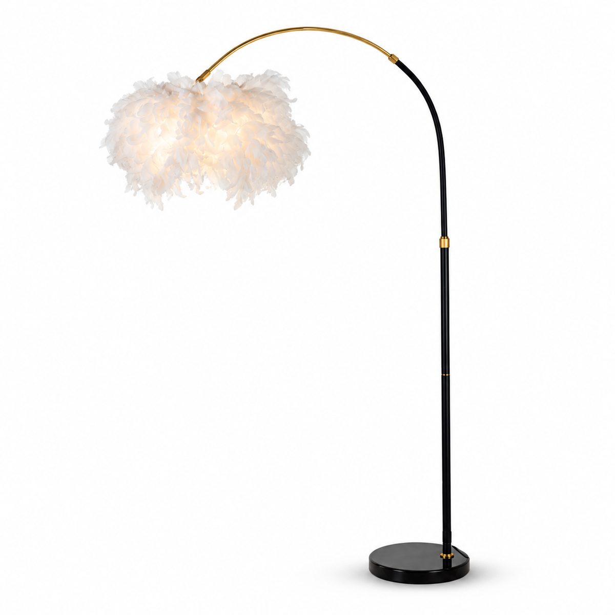 Lampada da Terra Arc Plur 100x150-180 cm con Paralume in Piume e Base in Marmo