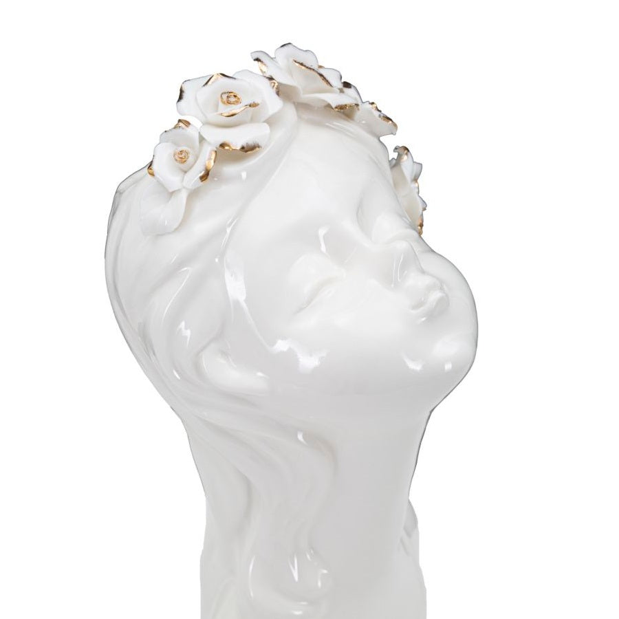 Vaso Decorativo Volto Donna in Porcellana Bianca H26 cm con Fiori e Dettagli Oro