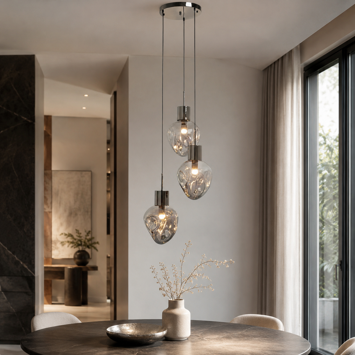 Lampadario a Sospensione Supernova Smoky Tre Sfere Design Organico Ø45cm