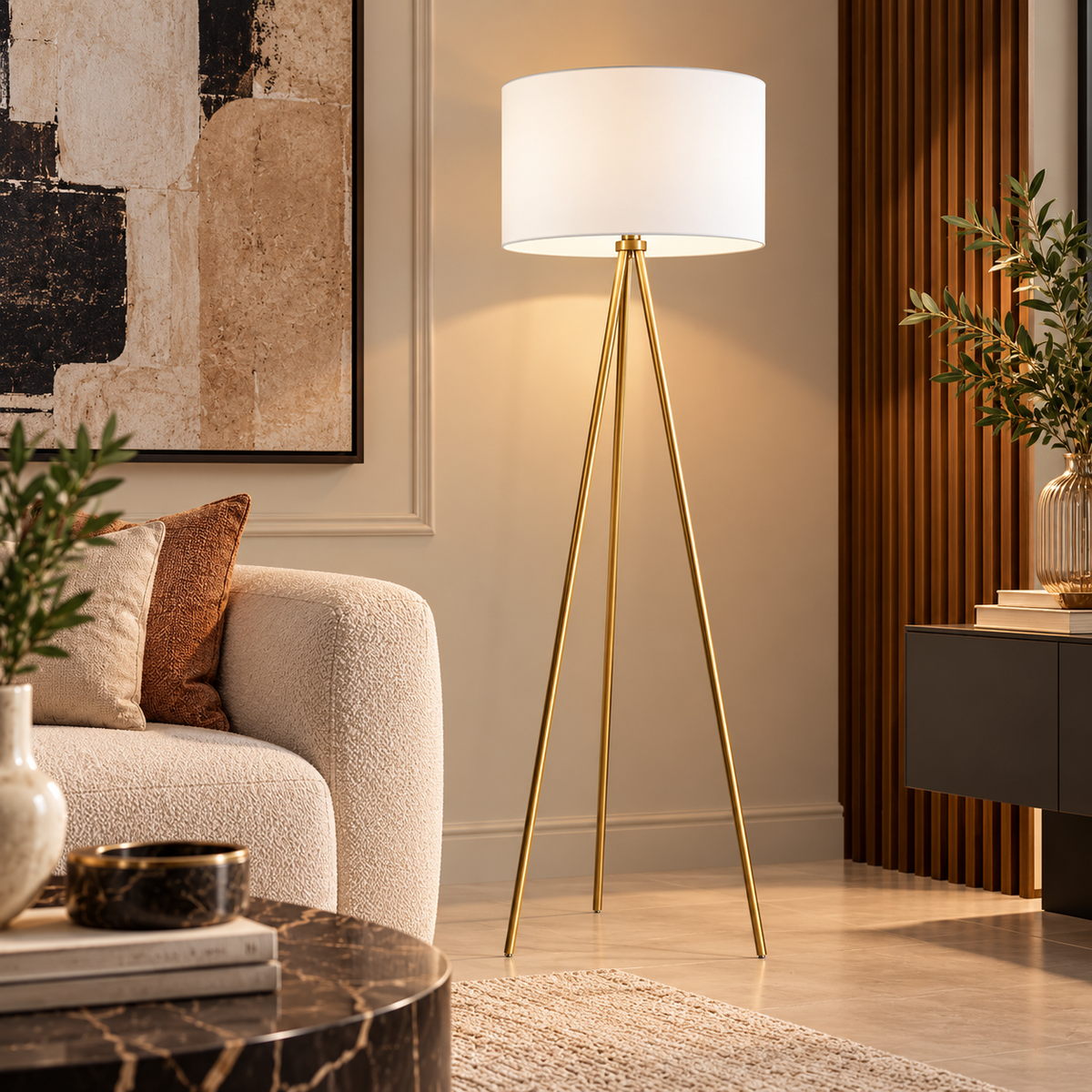 Lampada da Terra Cara A4001-GLD Bianco e Oro H159 cm con Struttura a Treppiede