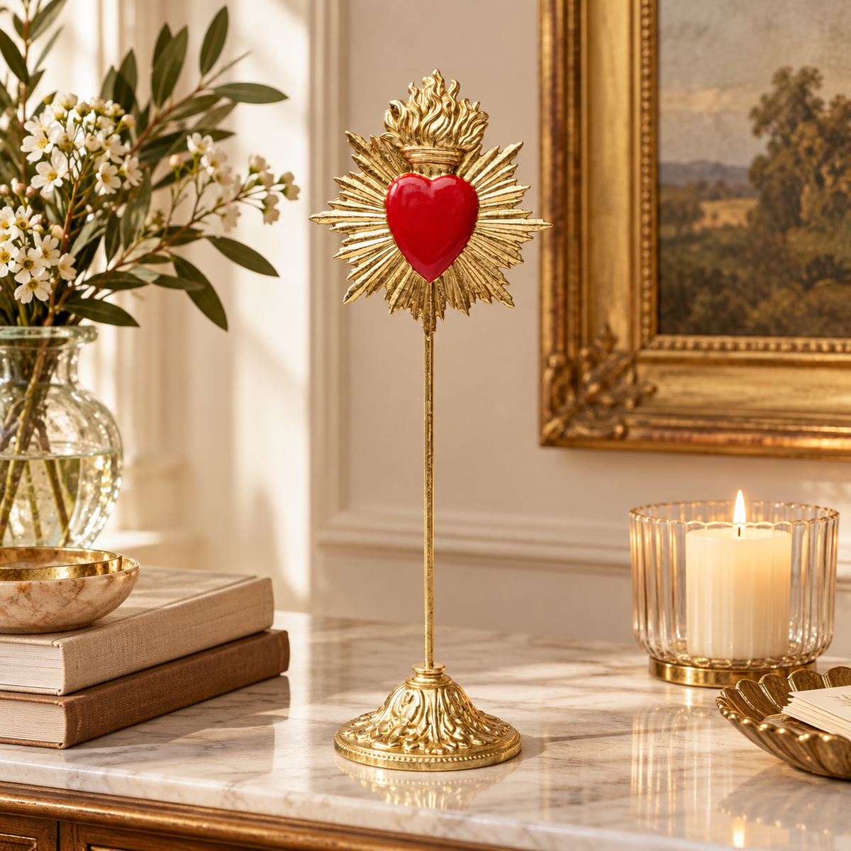 Oggetto Scultura Decorativa Flaming Heart 31cm Sacro Cuore Rosso e Oro