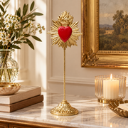 Oggetto Scultura Decorativa Flaming Heart 31cm Sacro Cuore Rosso e Oro