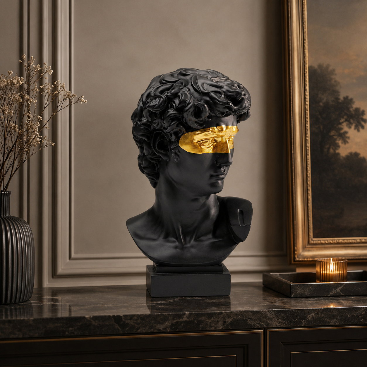 Statuetta Decorativa David Eyes 30 cm in Resina Nero Opaco con Dettaglio Oro