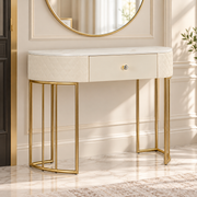Consolle Sharon 100x40x75 cm Simil Pelle Bianca Trapuntata e Struttura Oro