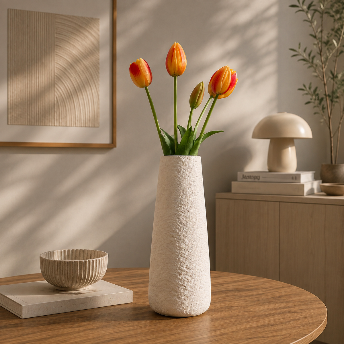 Set Decorativo Vaso Hisar Bianco H25 con Tulipani Artificiali Olis 40 cm