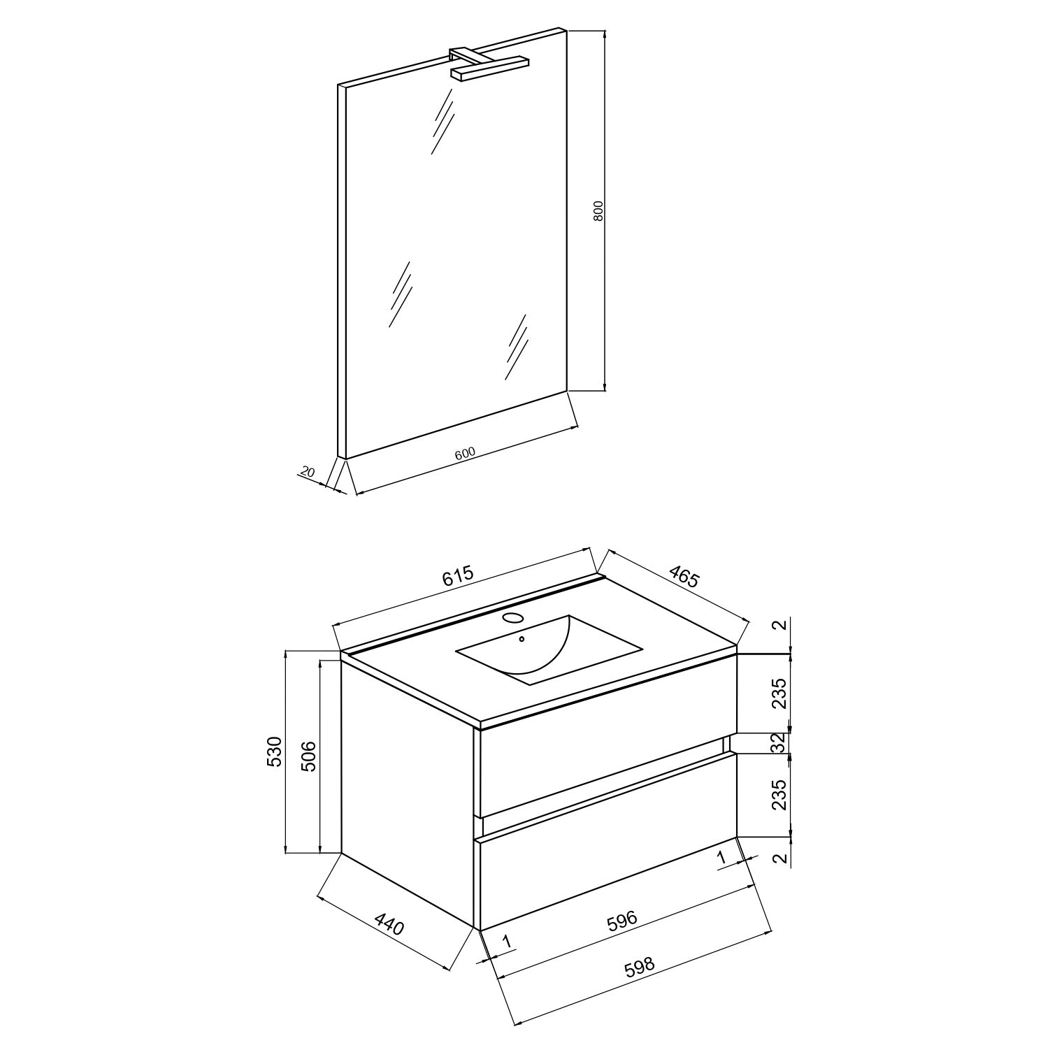 Mobile Bagno Sospeso Easy 2 Cassetti 60 cm Bianco Lucido con Specchio e LED