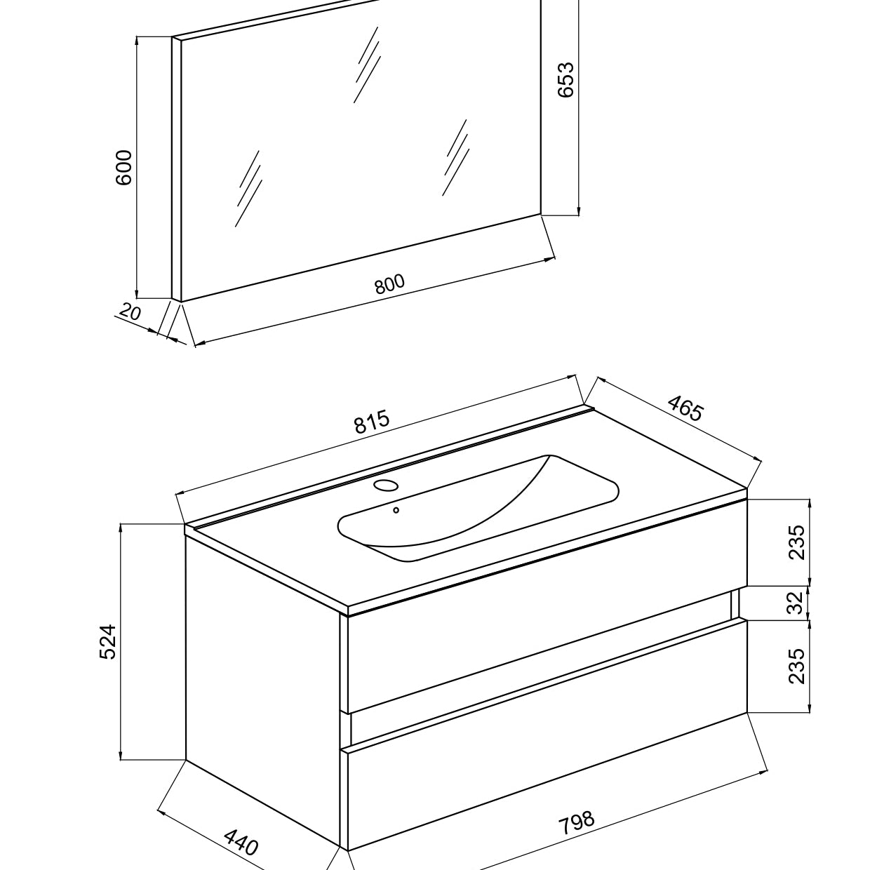 Mobile Bagno Sospeso Easy 2 Cassetti 80 cm Rovere Ghiaccio con Specchio e LED