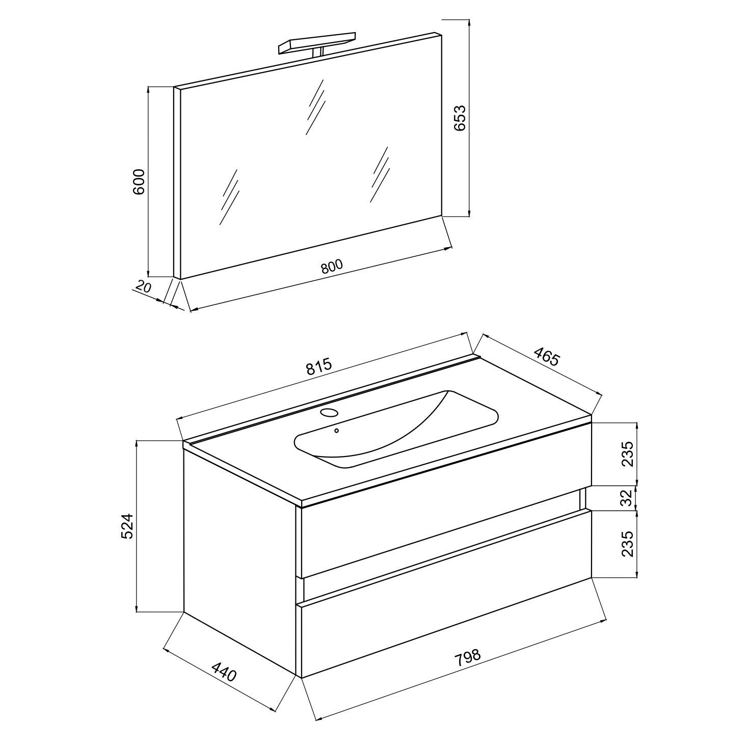 Mobile Bagno Sospeso Easy 2 Cassetti 80 cm Bianco Lucido con Specchio e LED