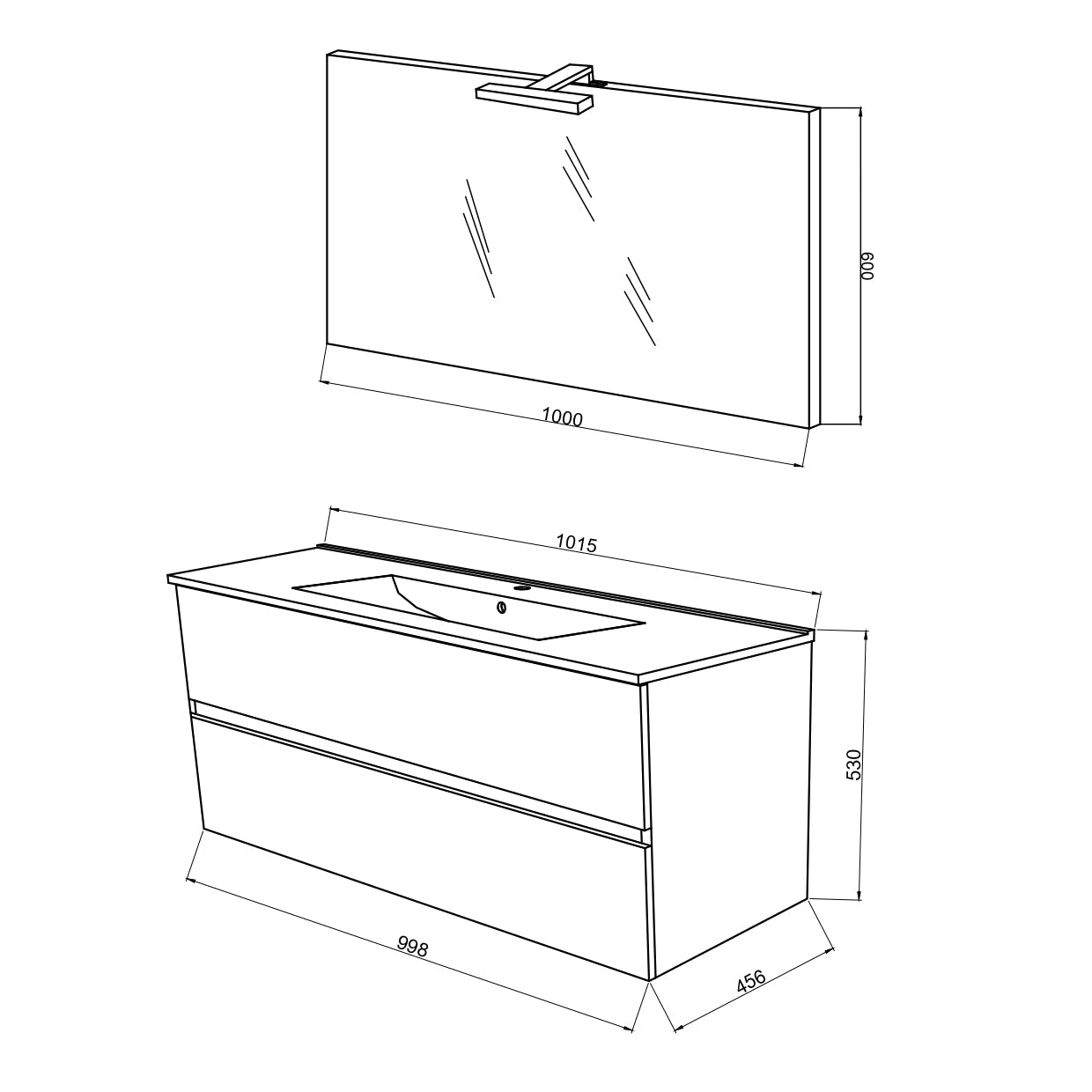 Mobile Bagno Sospeso Easy 2 Cassetti 100 cm Rovere Naturale con Specchio e LED