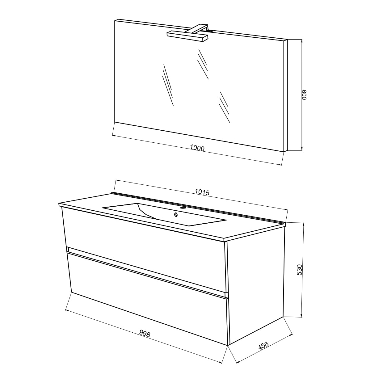 Mobile Bagno Sospeso Easy 2 Cassetti 100 cm Rovere Ghiaccio con Specchio e LED