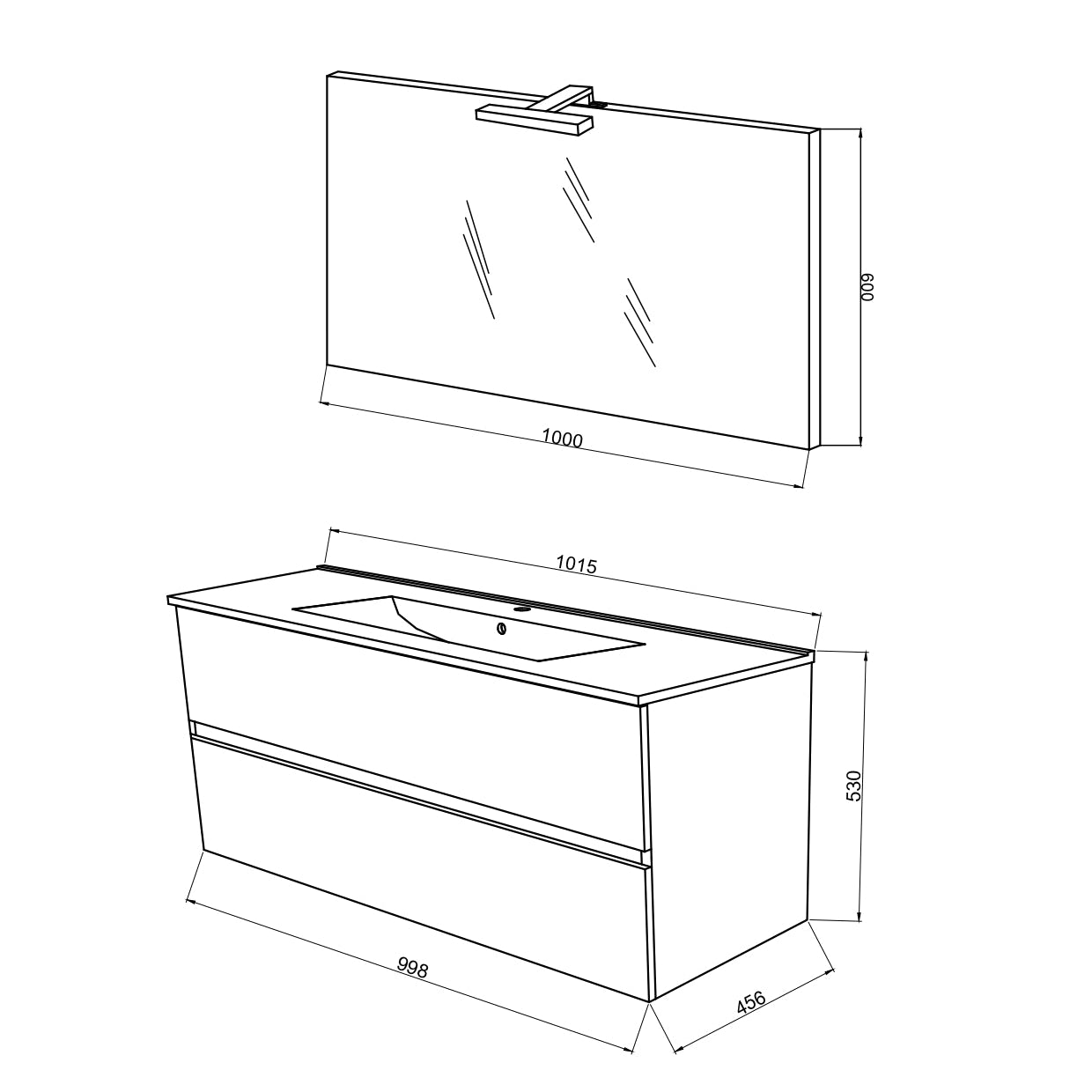 Mobile Bagno Sospeso Easy 2 Cassetti 100 cm Bianco Lucido con Specchio e LED