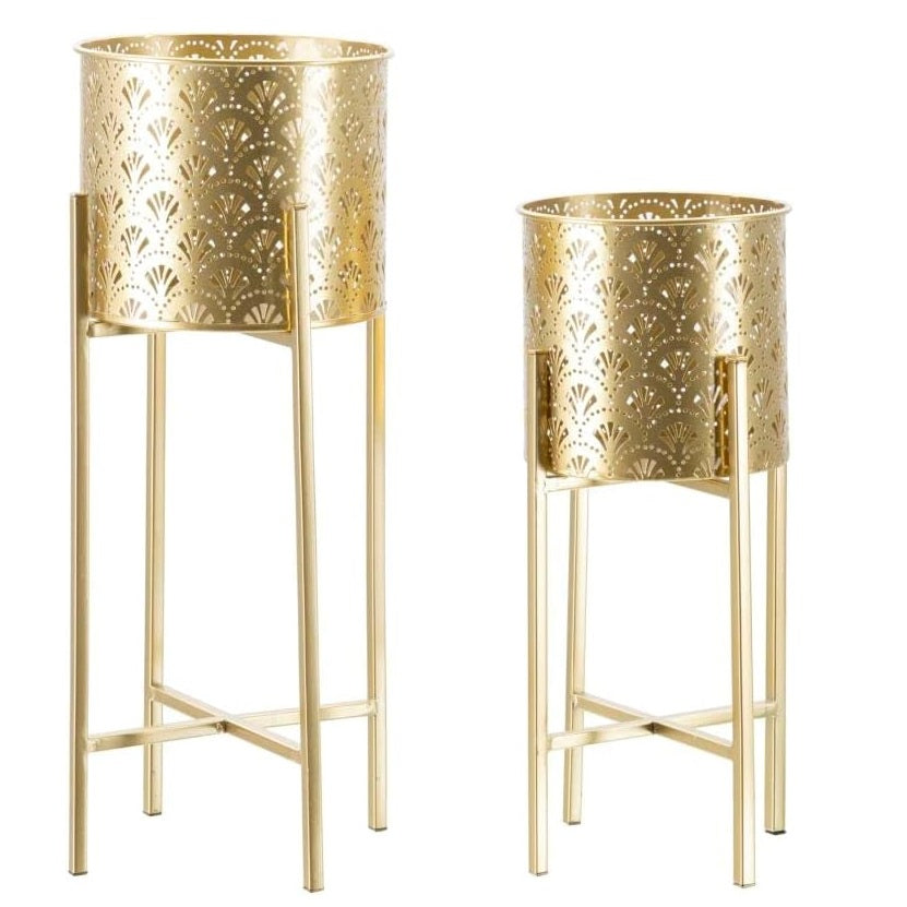 Set 2 Portavasi Golvy in Ferro Dorato Intagliato Ø21 e Ø19 cm