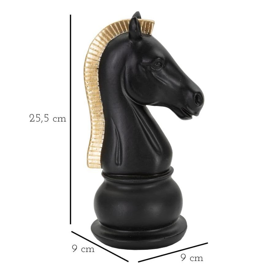 Statuetta Decorativa Cavallo Scacchi Nero e Oro 10,5 x 8,5 x H19 cm