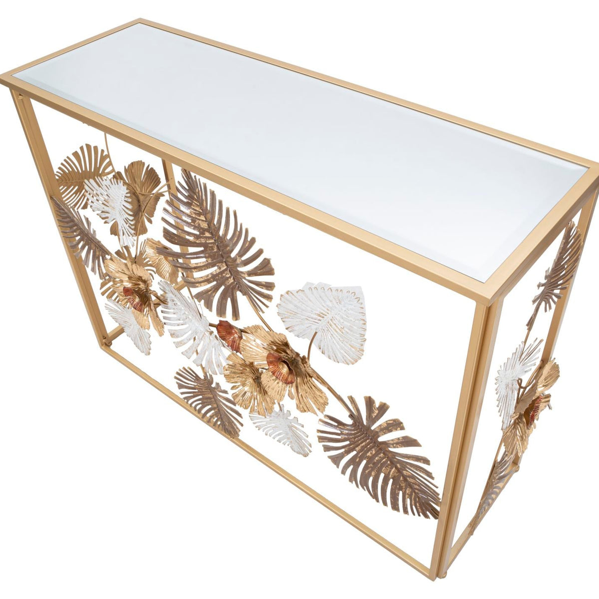 Consolle Glam Floris Oro 113x40x80 cm con Piano a Specchio Design Floreale