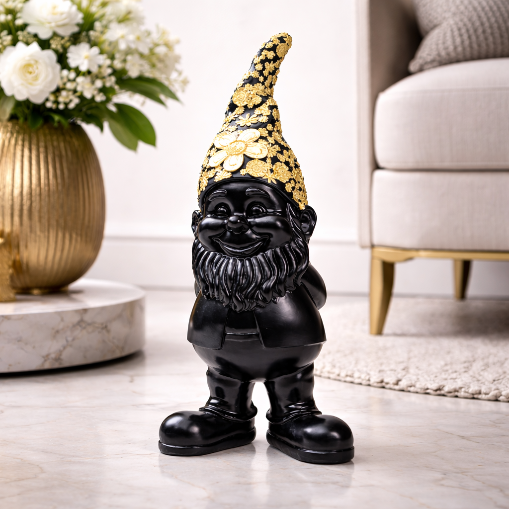 Statuetta Decorativa Gnomo Standing 30 cm Nano Moderno Nero e Oro