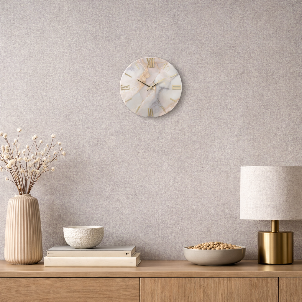 Orologio da Parete Effetto Marmo Cipria Ø 40 cm con Dettagli Oro