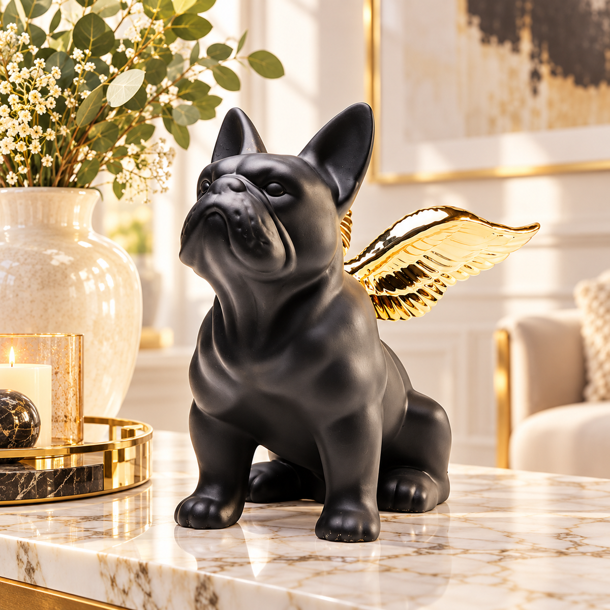 Statuetta Figura Decorativa Sitting Angel Dog Bulldog Cane Nero Con Ali Oro