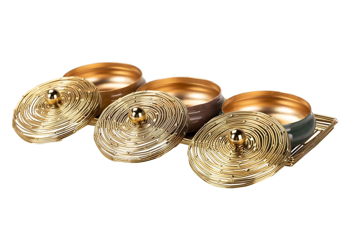 Set 3 Scatole Ciotole Decorative con Vassoio Oro 34 x 13 x 7 cm