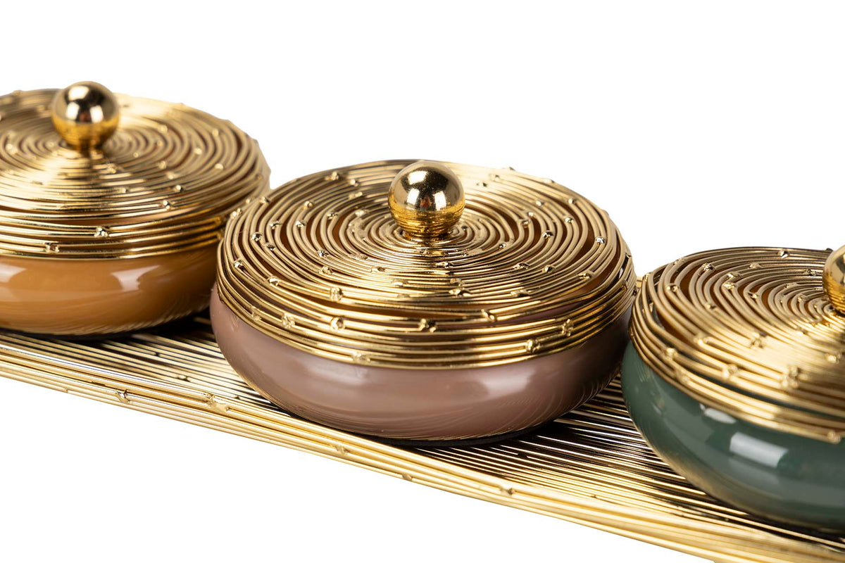 Set 3 Scatole Ciotole Decorative con Vassoio Oro 34 x 13 x 7 cm