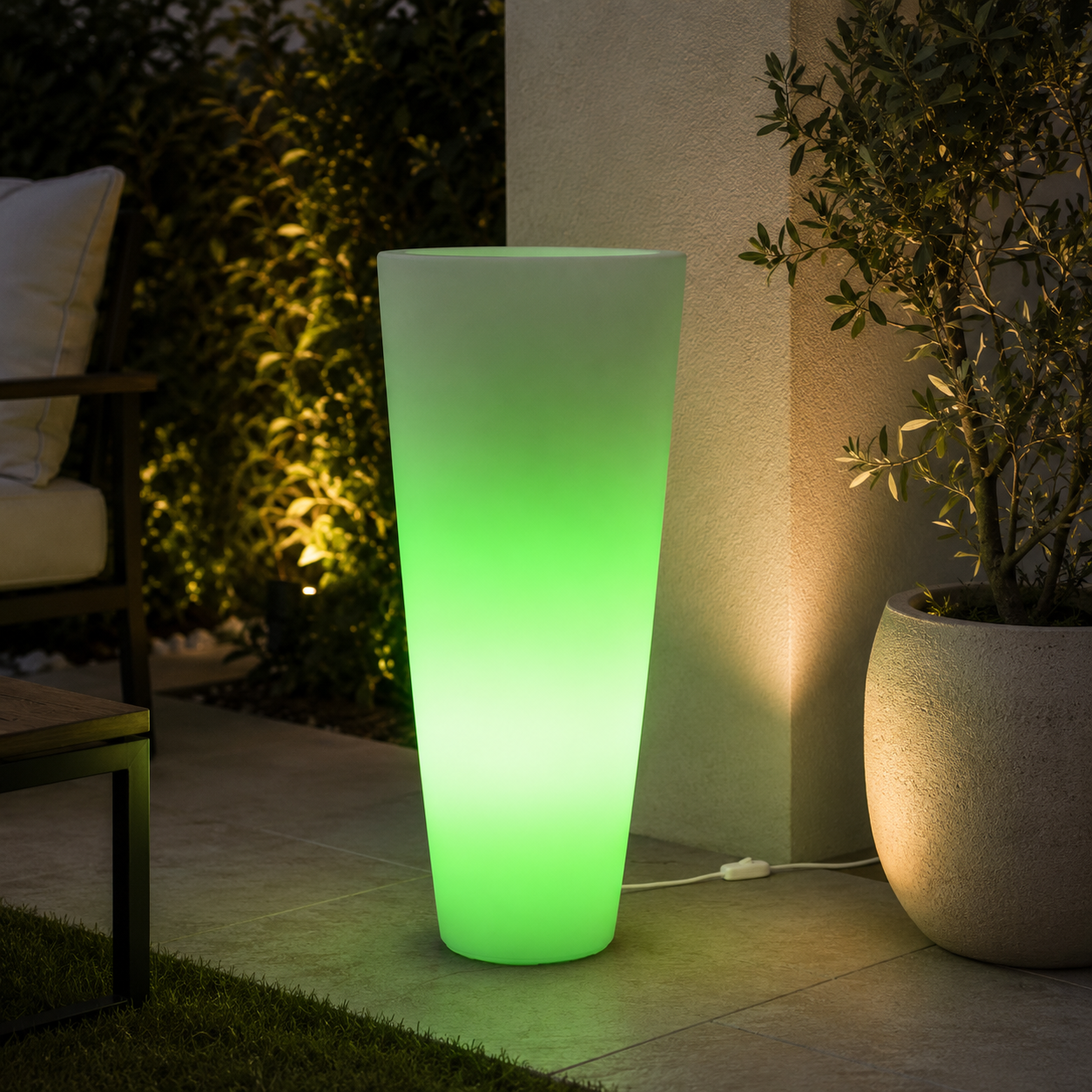 Vaso Tondo Light Stilo Round Bright in Resina con Luce Verde D33 x H70 cm