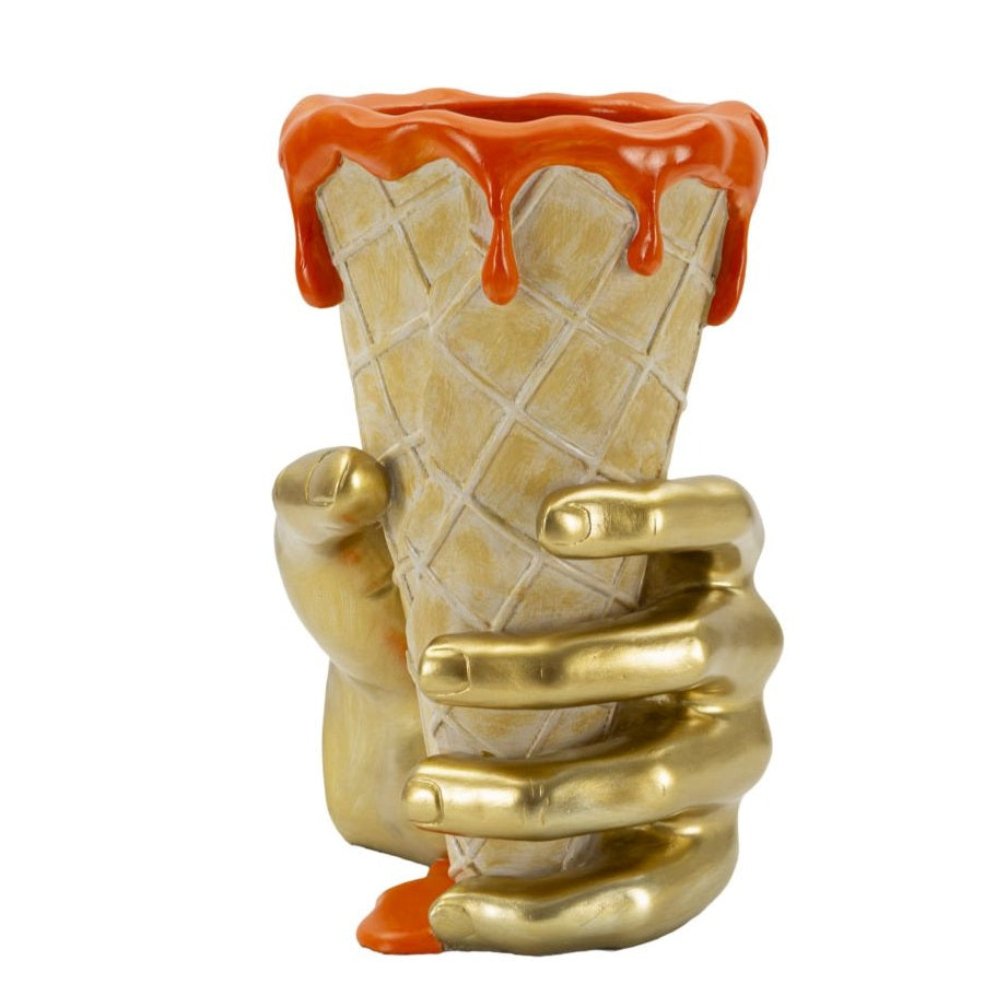 Vaso Cono Portafiori con Mano Dorata e Glassa Arancio 26 cm in Poliresina