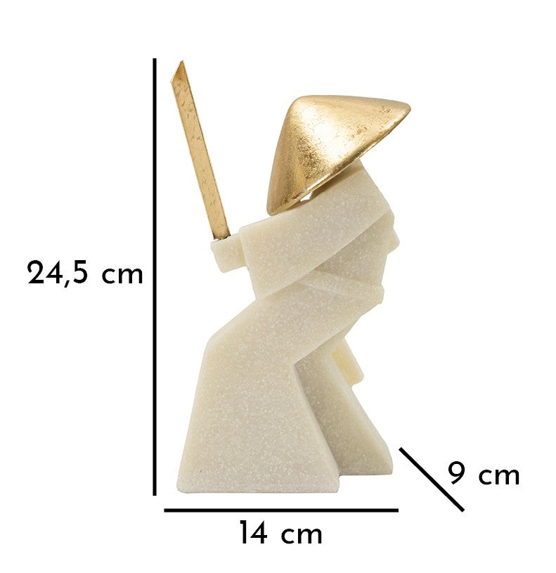 Scultura Samurai Toku Quarzy B Bianca e Oro 24,5 cm in Poliresina e Metallo