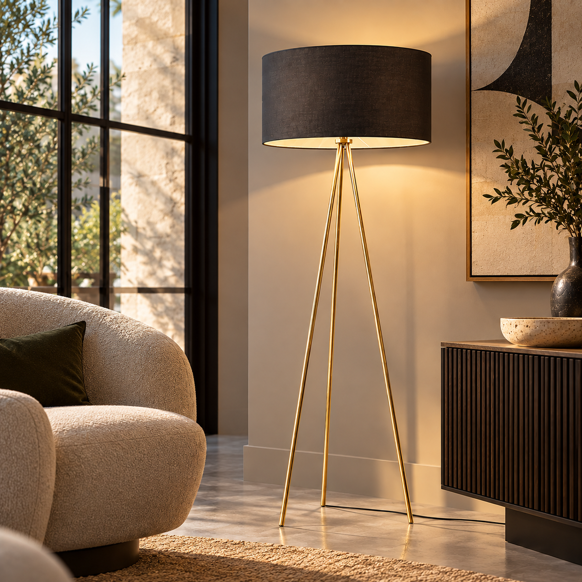 Lampada da Terra Cara Nero e Oro H159 cm Piantana Treppiede E27