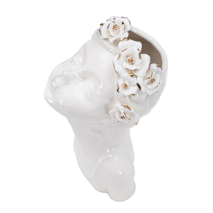 Vaso Decorativo Volto Donna in Porcellana Bianca H26 cm con Fiori e Dettagli Oro