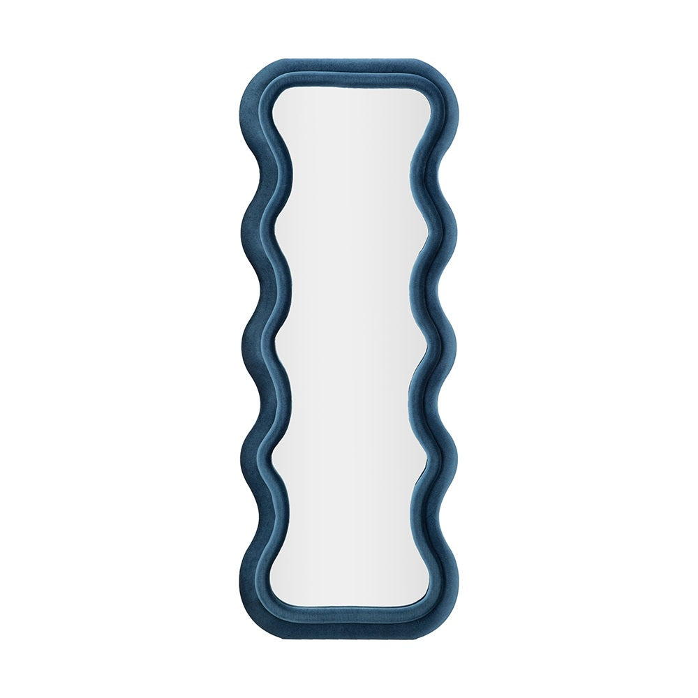 Specchio da Parete Emily in Velluto Blu 60x160 cm con Cornice Ondulata