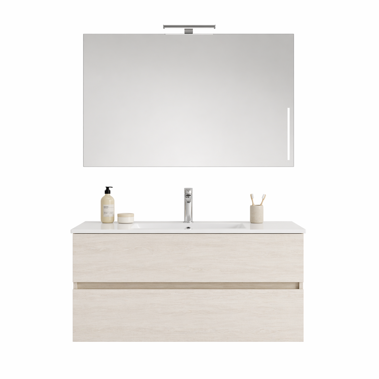 Mobile Bagno Sospeso Easy 2 Cassetti 80 cm Rovere Ghiaccio con Specchio e LED