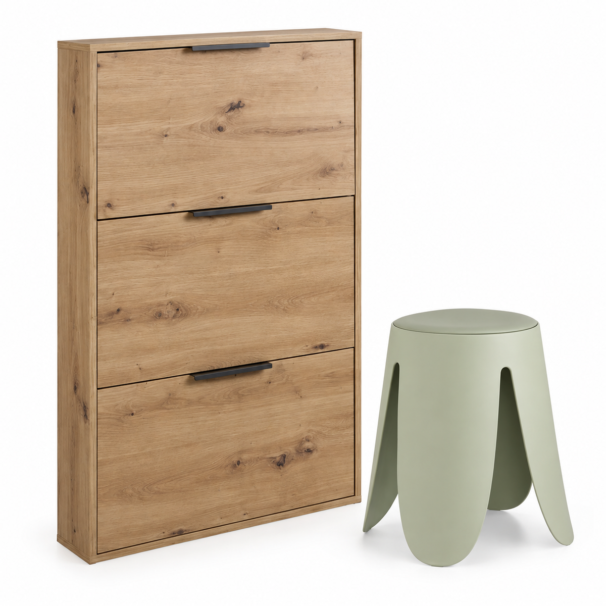 Set Ingresso Scarpiera Slim Rovere 65x15x105,5 cm + Sgabello Imogen Avorio 37x37x47 cm