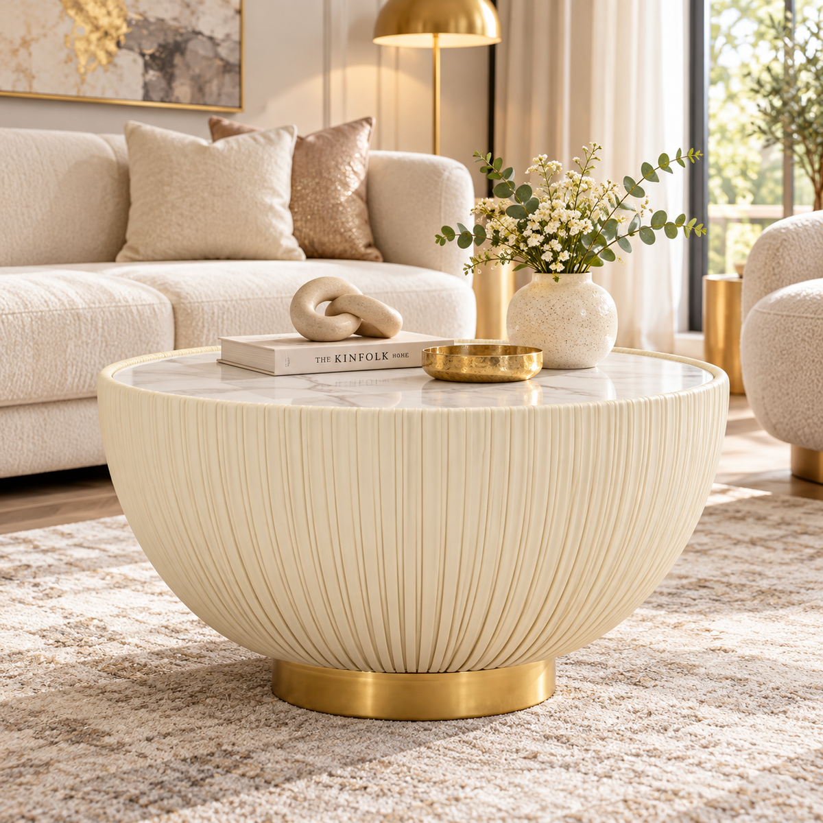 Tavolino da Caffè Elge Ø71x38 cm Crema e Oro Piano Effetto Marmo