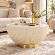 Tavolino da Caffè Elge Ø71x38 cm Crema e Oro Piano Effetto Marmo