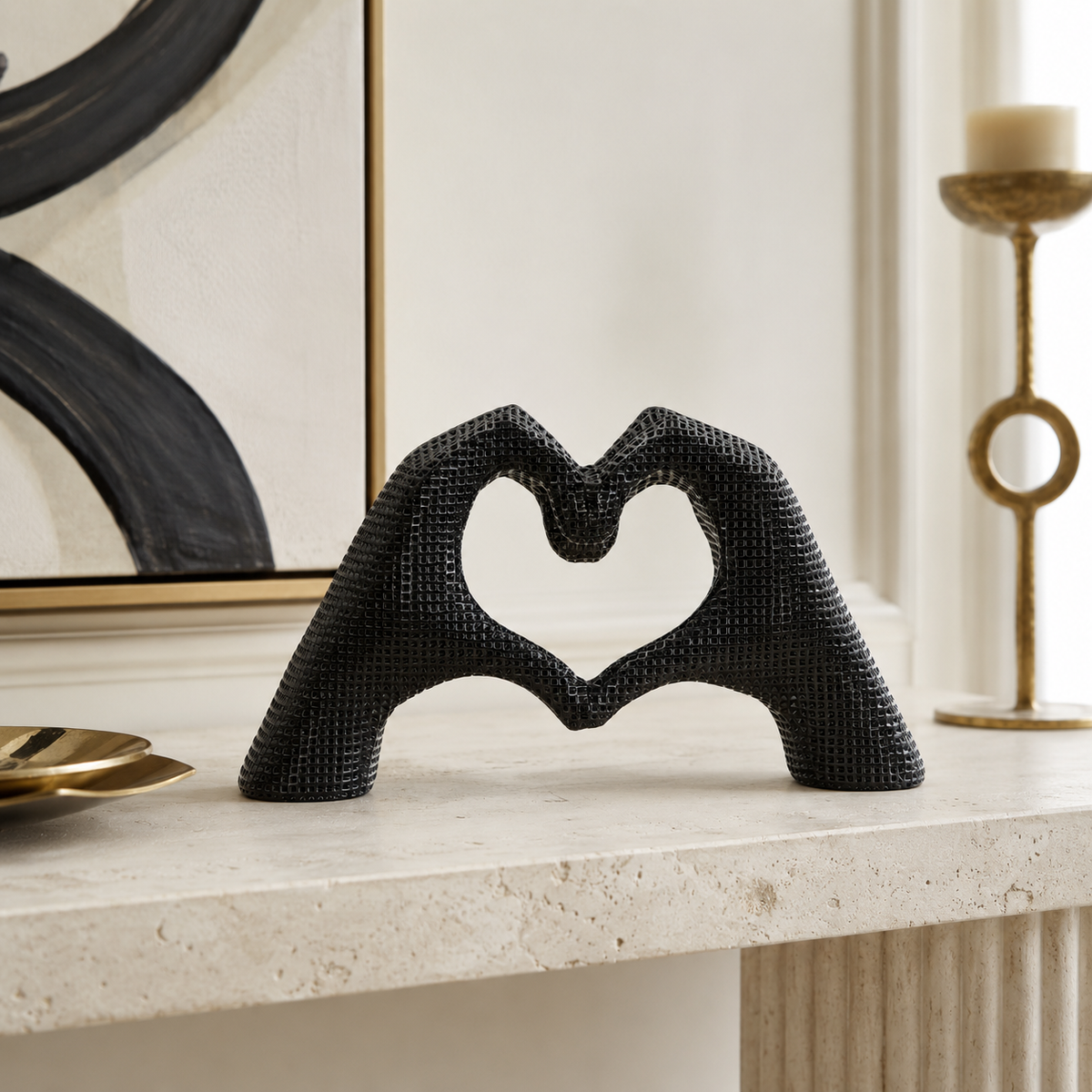 Scultura Mani a Cuore Lover Black in Resina Nera 25 cm Design Moderno