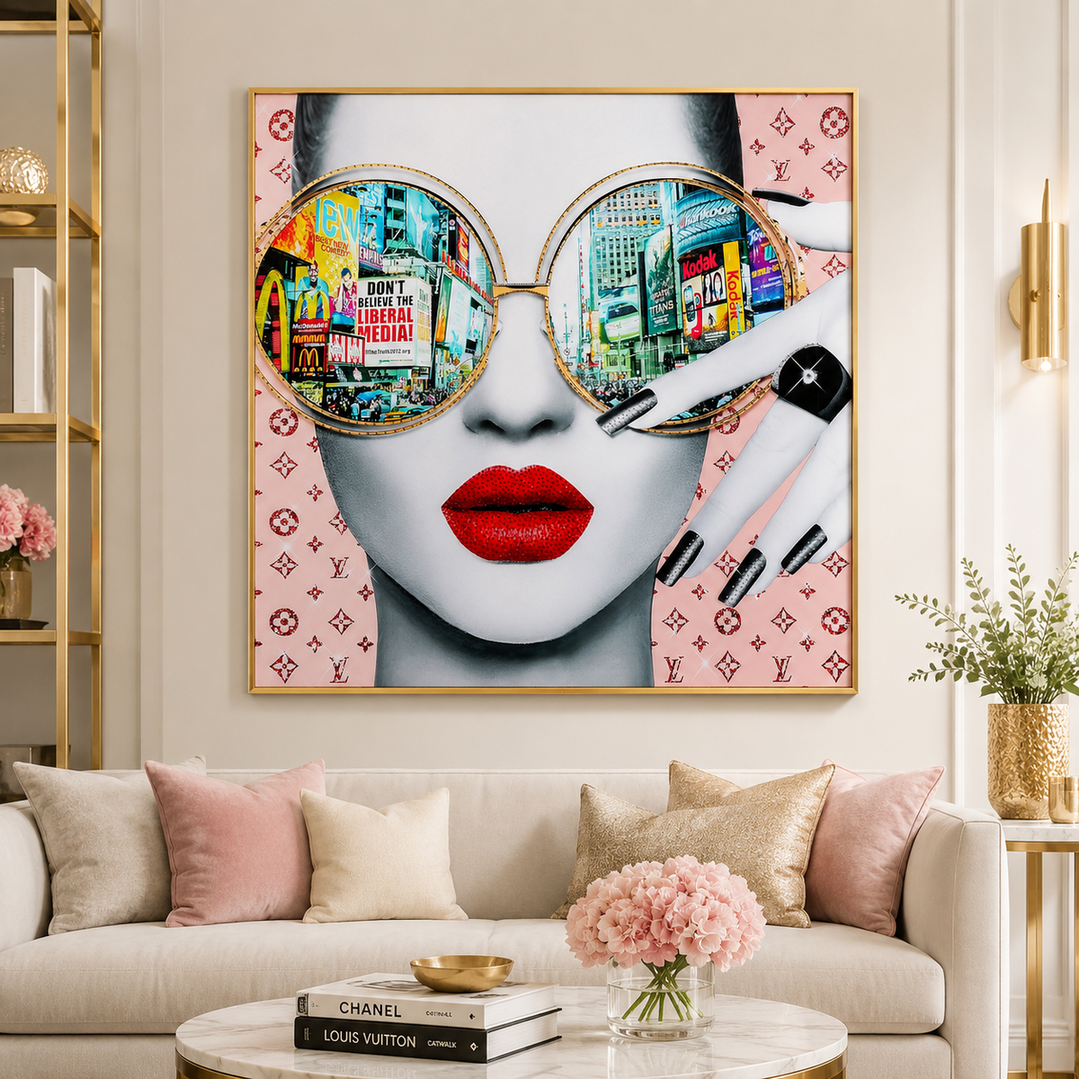 Quadro Decorativo Times Square View con Cornice Oro 120 x 120 cm