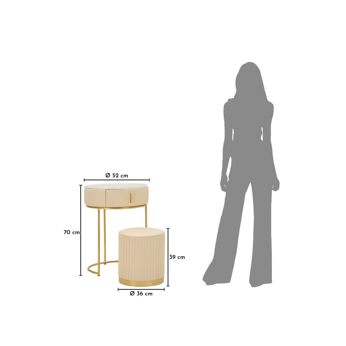 Comodino Toeletta Pok con Pouf Ø52x70 cm Beige e Oro