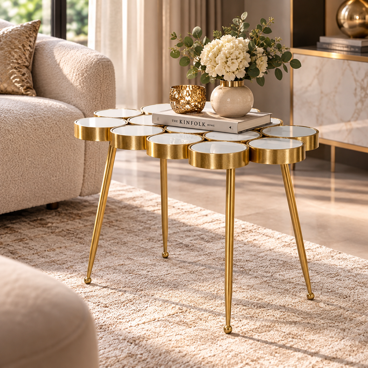 Tavolino Buttle Oro 100x55x70 cm Piano a Cerchi con Specchio