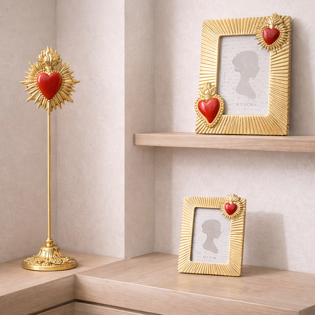 Cornice Portafoto Flaming Heart Tre Cuori 13x18cm Sacro Cuore In Oro