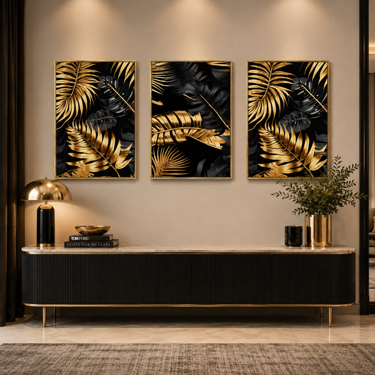 Set 3 Quadri Decorativi Foglie Tropicali Oro e Nero con Cornice Oro 50 x 70 cm