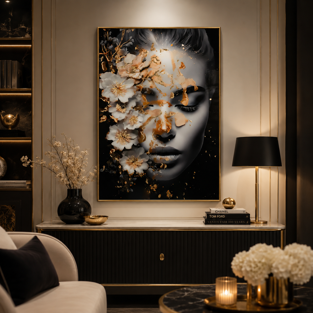 Quadro Decorativo Figurativo Donna con Fiori Oro e Nero Artidea 90x60cm