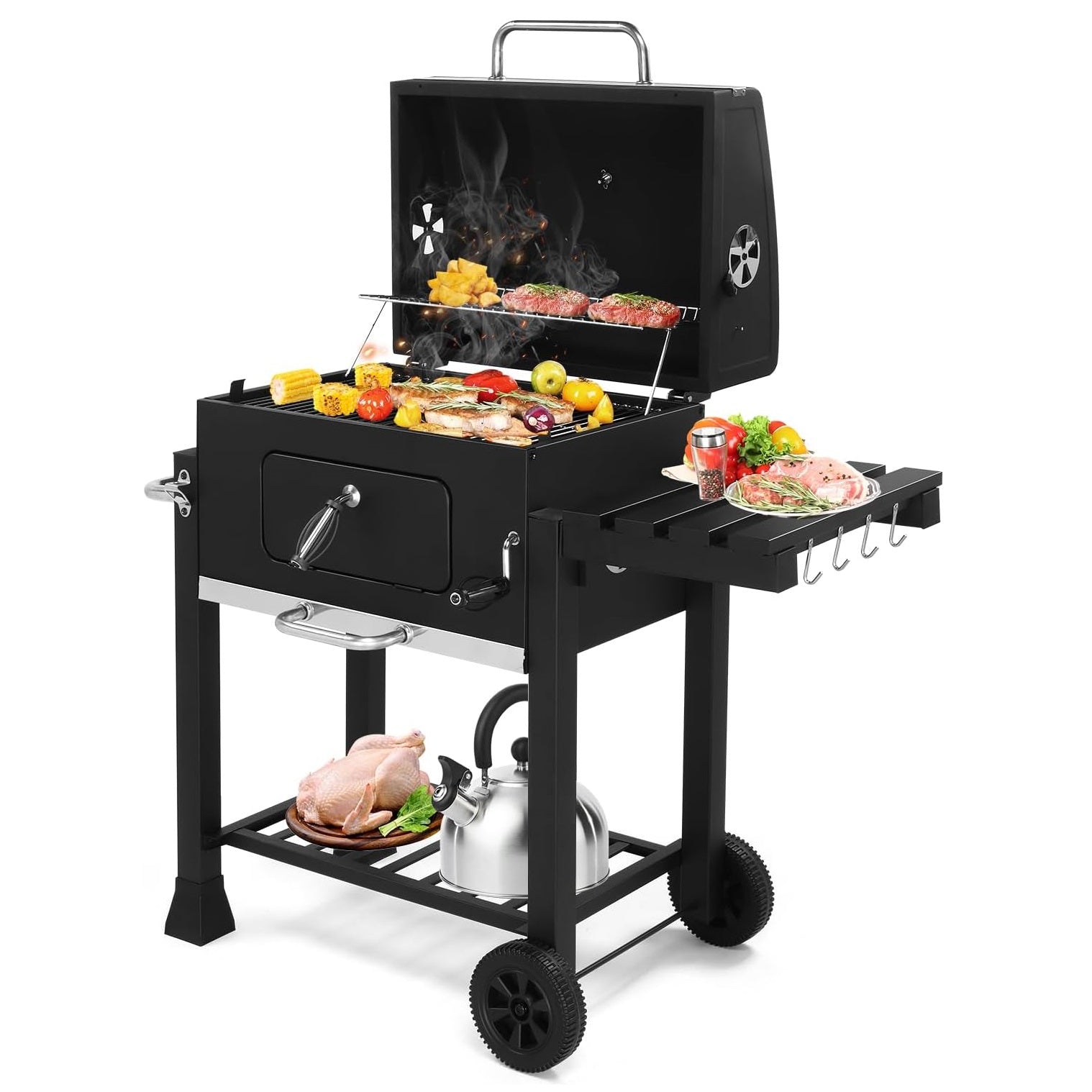Barbecue a Carbone Vesuvio 116x65xH105 cm con Coperchio e Ruote