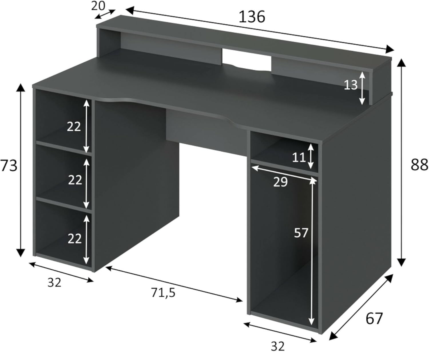 Scrivania PC 136x67x88H Antracite con Ripiani Laterali e Passacavi