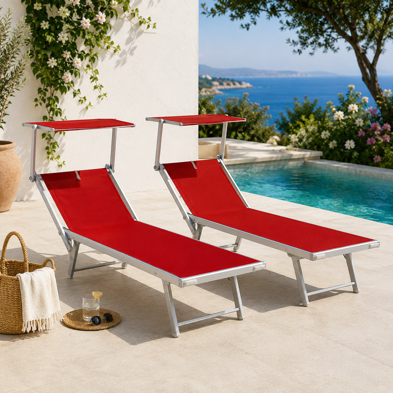 Lettino Prendisole Playa in Alluminio con Parasole Rosso Set 2 Pezzi 186x70 cm