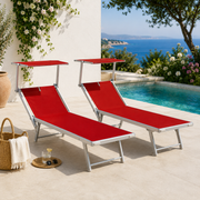 Lettino Prendisole Playa in Alluminio con Parasole Rosso Set 2 Pezzi 186x70 cm