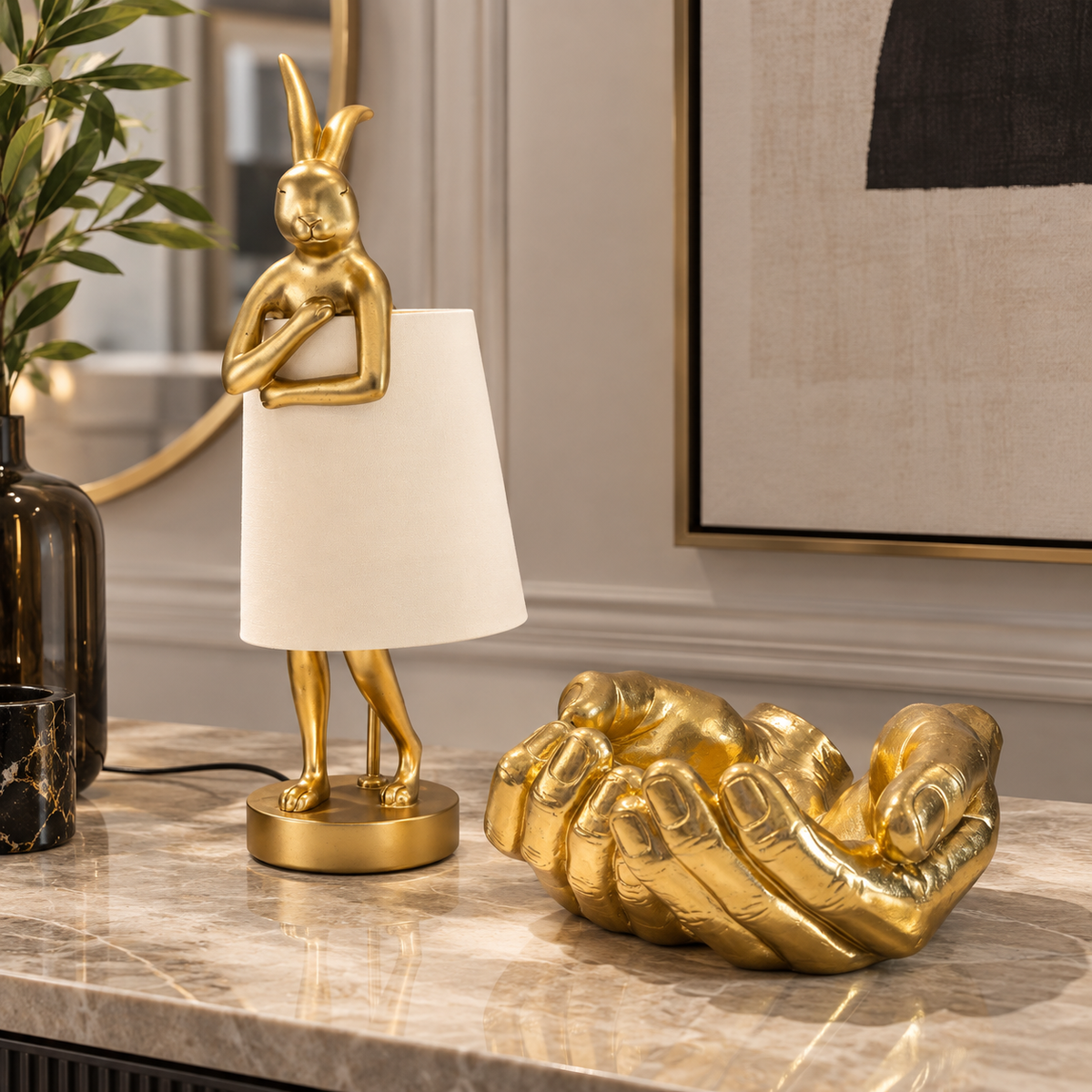 Set Decorativo Glam con Lampada Coniglio Oro 50 cm e Svuotatasche Hand Bowl Oro