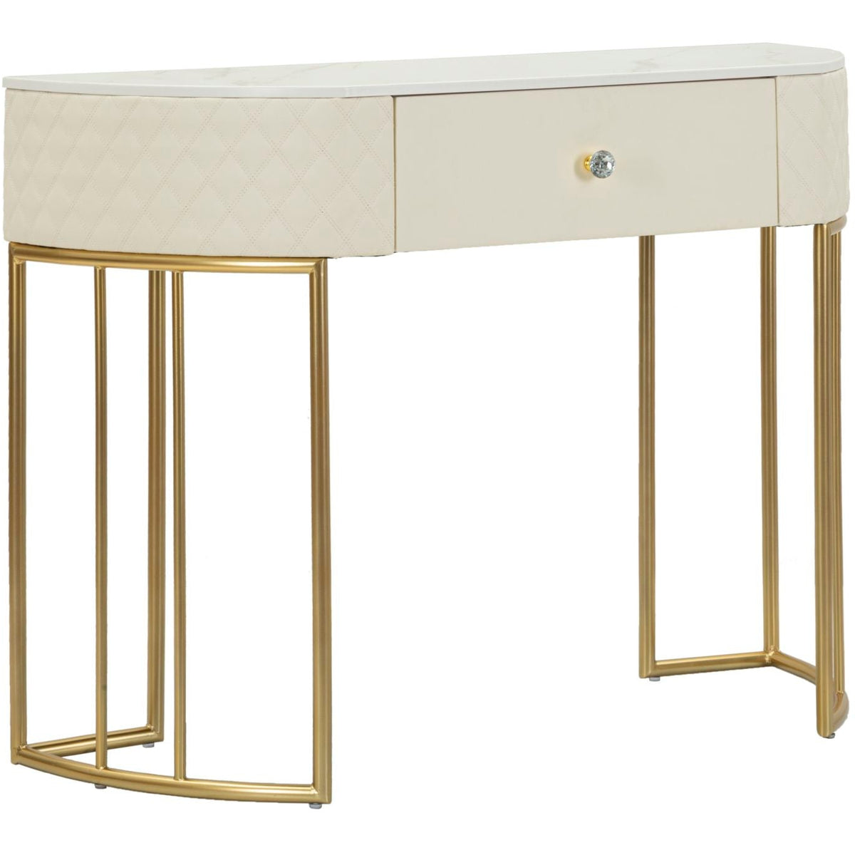 Consolle Sharon 100x40x75 cm Simil Pelle Bianca Trapuntata e Struttura Oro