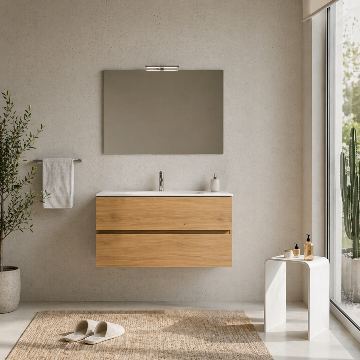 Mobile Bagno Sospeso Easy 2 Cassetti 100 cm Rovere Naturale con Specchio e LED